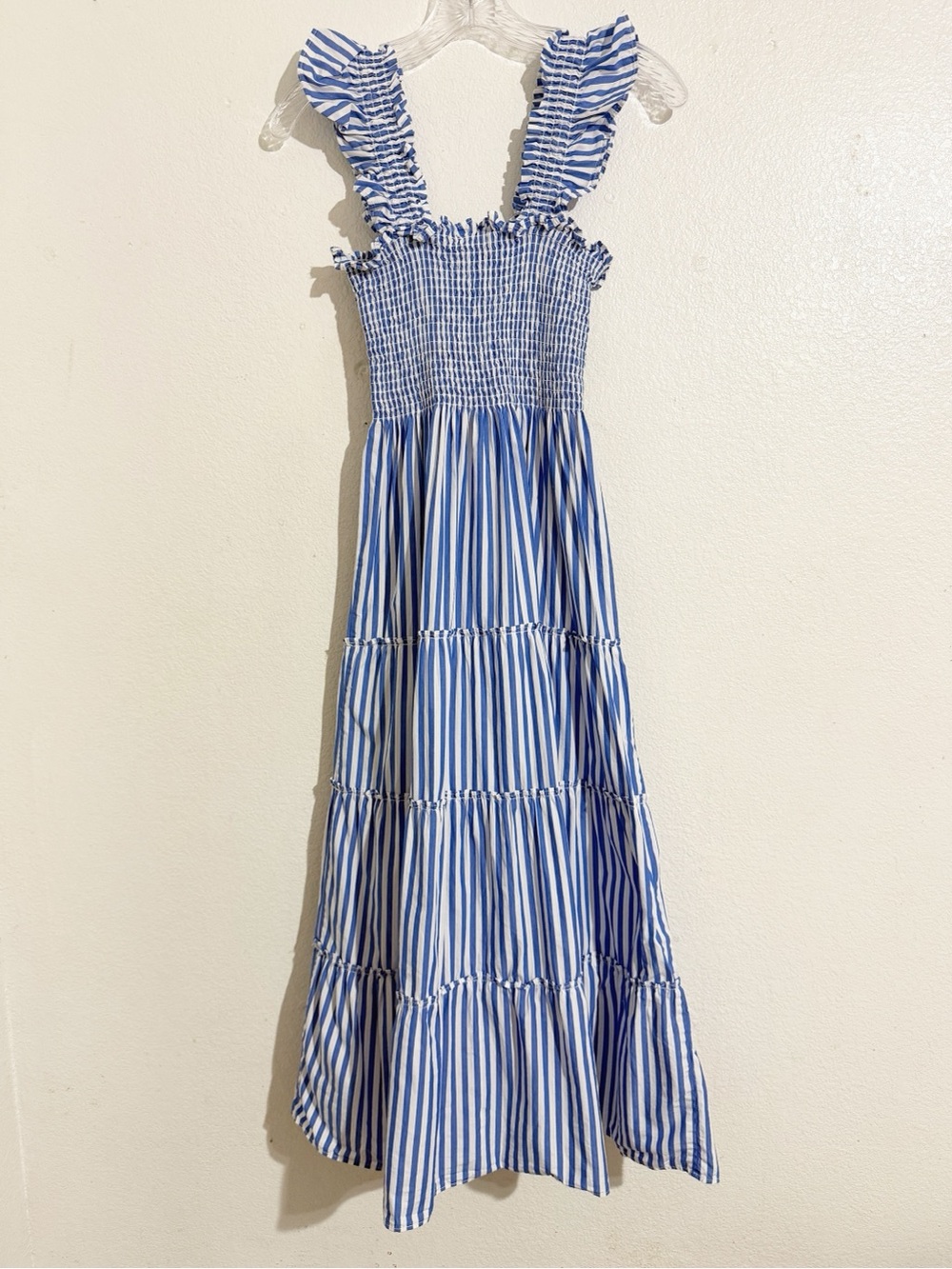 Quince 100% Organic Cotton Poplin Smocked Midi Dress in Azure Stripe Blue White - Picture 2 of 7